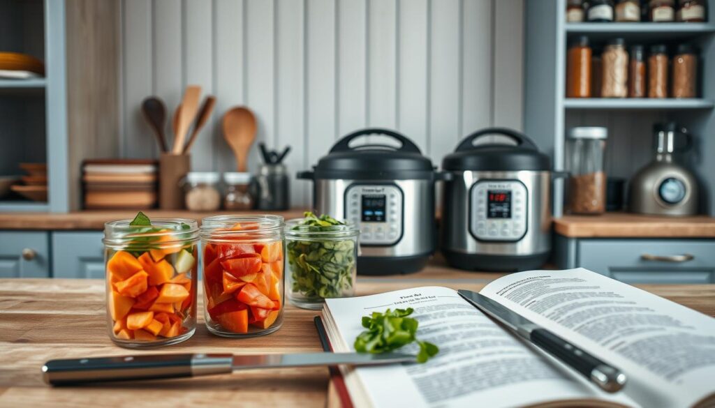 A cozy, minimal kitchen with wooden textures and light blue accents. Showcasing a variety of time-saving cooking hacks, from pre-chopped vegetables in glass containers to a neatly organized spice rack. In the foreground, a cookbook open to a recipe, accompanied by a sharp knife and a well-sharpened cutting board. The middle ground features a slow cooker, an Instant Pot, and a blender, all ready to streamline meal preparation. In the background, a tidy pantry with labeled jars and a sleek digital timer. The overall mood is one of efficiency and organization, inviting the viewer to explore simple, practical solutions for weeknight dinners.