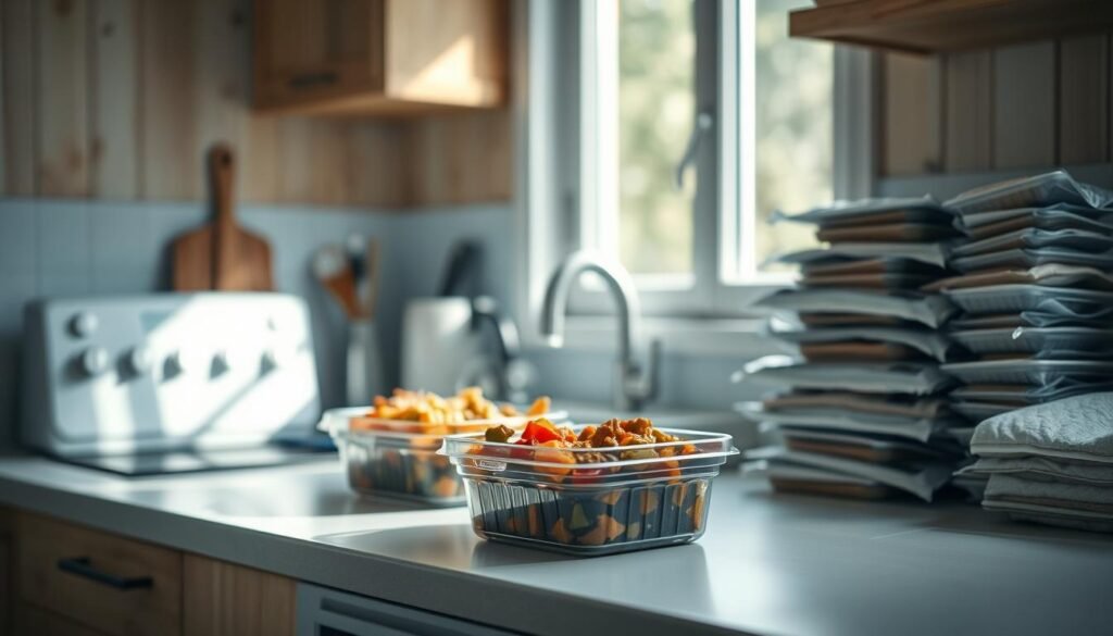 A cozy, minimal kitchen with wooden textures and light blue accents. Steaming containers of savory leftovers sit on a clean countertop, their contents waiting to be repurposed into a satisfying meal. Nearby, a stack of frozen packages neatly organized, their contents quietly preserved for future meals. The soft natural light cascades through the window, creating a warm and inviting atmosphere. This is the heart of efficient meal prep, where yesterday's extras and tomorrow's convenience come together to fuel a productive day.