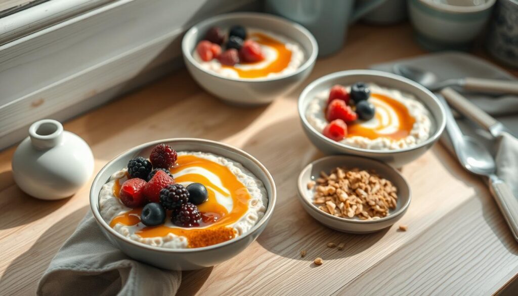 A cozy, minimal kitchen with wooden textures and light blue accents. Sunlit oat porridge variations - creamy vanilla-scented oats with swirls of rich maple syrup, vibrant berry compote, crunchy toasted nuts and seeds, and a sprinkle of fragrant cinnamon. Bowls and plates arranged artfully, showcasing the contrasting colors and textures. No hand visible, highlighting the homemade, handcrafted nature of these delightful, low-sugar breakfast creations.