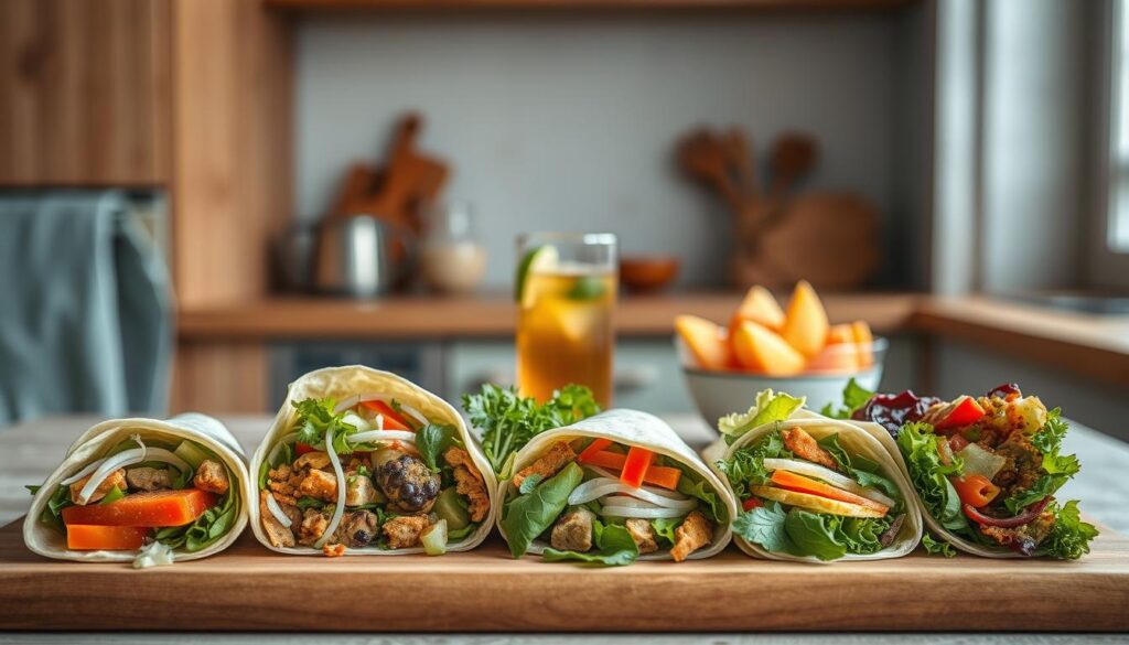 A cozy, minimal kitchen with wooden textures, light blue accents, and no hands. In the foreground, an assortment of freshly prepared, colorful wraps filled with vibrant vegetables, lean proteins, and flavorful condiments, arranged on a wooden cutting board. In the middle ground, a glass of refreshing iced tea and a small bowl of fresh fruit, creating a balanced and appetizing lunchtime scene. The lighting is soft and natural, highlighting the textures and colors of the ingredients. The overall atmosphere is one of simplicity, nourishment, and the joy of a homemade, on-the-go meal.