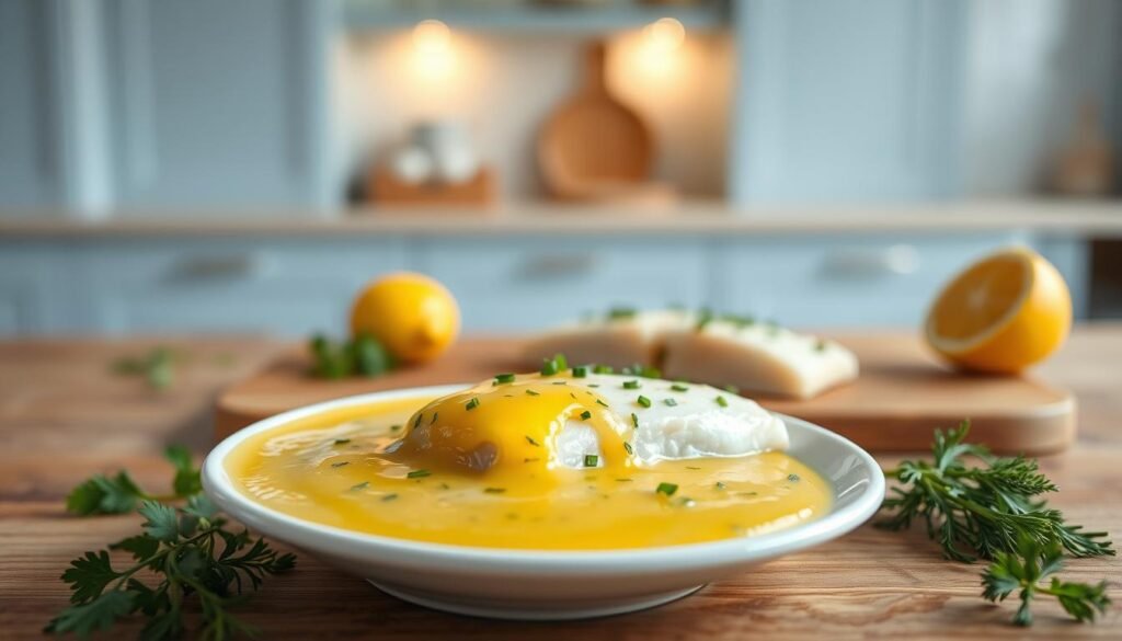 A cozy, minimal kitchen with wooden textures, light blue accents, and no hands. In the foreground, a white ceramic bowl overflows with a vibrant lemon herb sauce, freshly made. Aromatic herbs, such as parsley, dill, and chives, are scattered around the bowl, their verdant hues contrasting with the rich yellow sauce. In the middle ground, a filet of tender white fish, perhaps cod or halibut, rests on a wooden cutting board, drizzled with the luscious sauce. The background features sleek, light blue cabinets and a subtle, warm lighting that casts a cozy glow over the scene, creating an inviting atmosphere for this flavorful, meal-prepped dish.