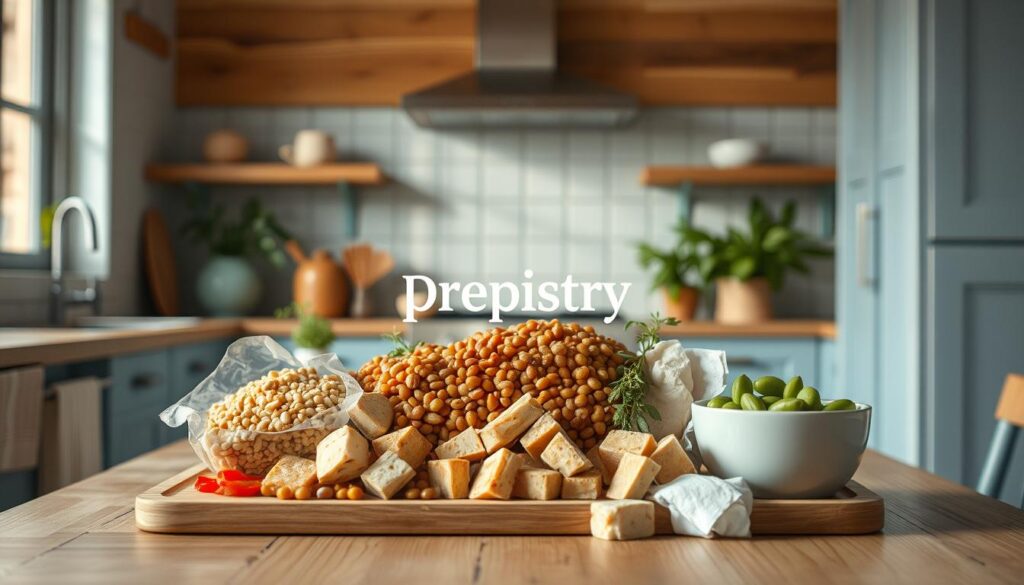 A cozy, minimal kitchen with wooden textures, light blue accents, and no hands. In the center, a beautifully composed still life featuring a variety of alternative protein sources - soy-based meat alternatives, lentils, tofu, and edamame. The Prepistry brand logo is subtly incorporated into the scene. Soft, natural lighting illuminates the vibrant colors and textures, conveying the benefits of these nutritious, sustainable protein options. An atmosphere of simplicity and healthfulness pervades the image, inviting the viewer to consider plant-based alternatives to chicken breast.