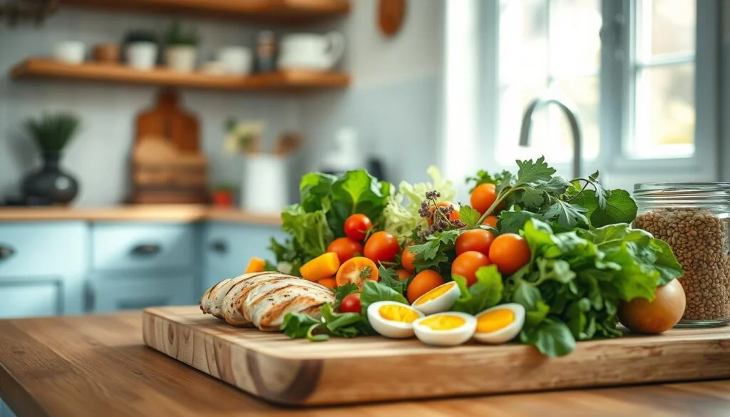 A cozy, minimal kitchen with wooden textures, light blue accents, and no hands. On a wooden cutting board, an assortment of fresh, seasonal produce including leafy greens, brightly colored vegetables, and protein-rich ingredients like grilled chicken, hard-boiled eggs, and a jar of lentils. The produce is arranged in a visually appealing, symmetrical manner, showcasing the signature high protein lunch prep approach. Soft, natural lighting from a window illuminates the scene, creating a warm and inviting atmosphere. The overall composition emphasizes the freshness, nutrition, and simplicity of this seasonal, high-protein meal prep.
