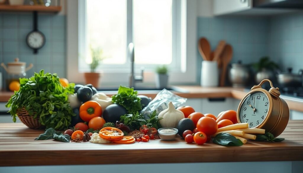 A cozy, minimalist kitchen bathed in soft, diffused natural light. On a wooden countertop, an array of fresh ingredients - a vibrant mix of vegetables, herbs, and seasonings - arranged with precision. An analog kitchen timer ticks softly, its brass face gleaming. The scene conveys a sense of orchestrated preparation, a harmonious dance of culinary coordination, as the chef plans the optimal cooking times and temperatures to create a delectable sheet pan dinner. The light blue accents lend a calming, focused atmosphere, inviting the viewer to immerse themselves in the methodical mastery of the culinary process.