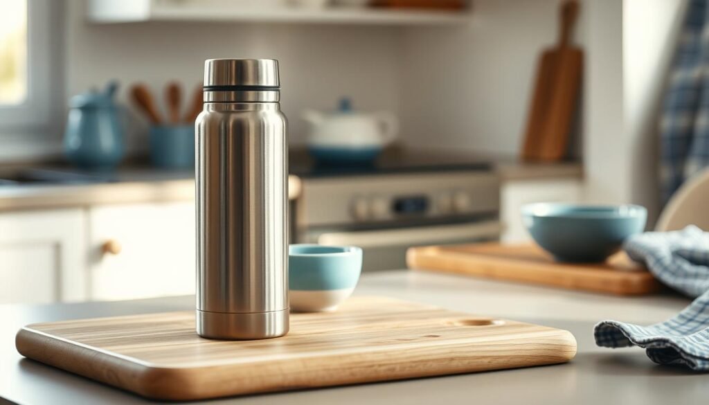 A cozy, minimalist kitchen bathed in soft, natural light showcases a sleek, stainless steel thermos resting on a wooden cutting board. The thermos exudes a sense of safety and efficiency, its polished exterior reflecting the crisp, clean lines of the surrounding space. Subtle blue accents, such as a ceramic bowl or a patterned tea towel, complement the warm tones, creating a harmonious and inviting atmosphere. The composition emphasizes the thermos as the focal point, highlighting its role in preparing and preserving nutritious, hot meals for the office, while the lack of human presence allows the viewer to fully appreciate the thermos's practical and aesthetic qualities.