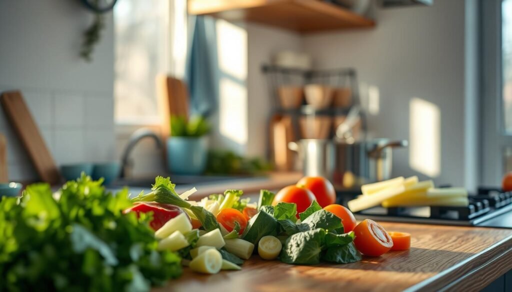 A cozy, minimalist kitchen bathed in soft, natural light. Crisp vegetables, freshly chopped, line the wooden countertop, their textures meticulously captured. A gently steaming pot on the stove, its contents hinting at the science behind the perfect crunch. Subtle blue accents add a calming contrast, while the overhead lighting casts warm shadows, highlighting the interplay of surfaces. The scene exudes a sense of culinary experimentation, inviting the viewer to explore the nuances of texture in a delectable cold lunch.