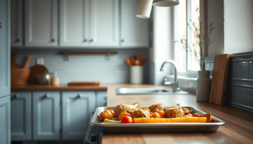 A cozy, minimalist kitchen bathed in soft natural light. On a neatly arranged sheet pan, roasted vegetables and chicken sizzle, their golden hues complemented by the light blue accents of the surrounding cabinetry and tile. The scene exudes a sense of effortless, weeknight ease, inviting the viewer to imagine the delicious, satisfying meal to come. Wooden textures lend a warm, rustic touch, while the lack of visible hands suggests a relaxed, hands-off approach to dinner prep.