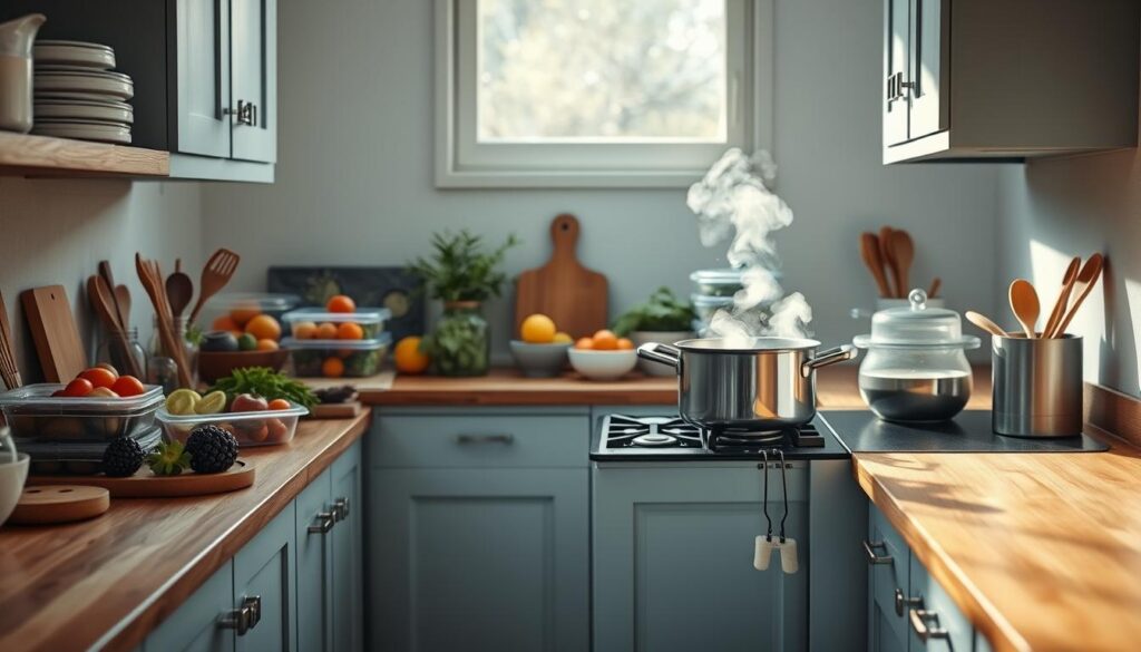 A cozy, minimalist kitchen bathed in soft, natural light. Wooden countertops and cabinets in soothing light blue hues create a calming atmosphere. On the counter, an array of neatly organized meal prep containers, fresh produce, and simple cooking tools. A steaming pot simmers on the stovetop, filling the air with the aroma of a wholesome, time-saving meal. The scene conveys efficiency, organization, and a sense of tranquility - the perfect setting for late-night office meal prep that nourishes both body and mind.