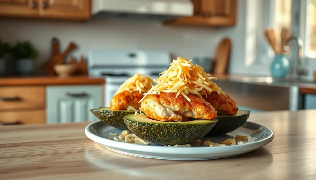 A cozy, minimalist kitchen bathed in soft, natural light. Wooden surfaces, light blue accents, and no visible hands. On the counter, a platter showcases an artful arrangement of juicy, ripe avocado halves, each nestled with a tender, golden-fried chicken breast. Shredded melted cheese cascades over the top, creating a mouthwatering, keto-friendly fusion of flavors and textures. The scene evokes a sense of effortless culinary innovation, perfectly suited to inspire &amp;amp;quot;Innovative Keto Lunch Meal Prep Ideas&amp;amp;quot;.