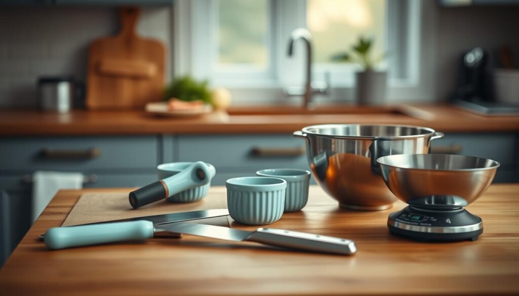 A cozy, minimalist kitchen bathed in warm, even lighting. On the wooden countertop, an array of essential meal prep tools arranged with care: a sharp chef's knife, a sturdy cutting board, a high-quality vegetable peeler, a handheld citrus juicer, and a stainless steel mixing bowl. Nearby, a pair of ceramic ramekins and a sleek, compact scale, all in a soft blue hue that complements the kitchen's neutral palette. The scene conveys a sense of efficiency and organization, perfectly suited for the task of batch cooking to maximize oven use.