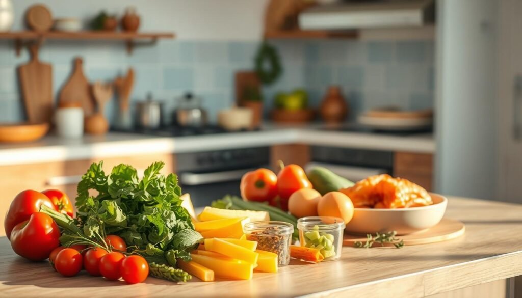 A cozy, minimalist kitchen bathed in warm light, wooden textures and light blue accents. On the counter, a collection of fresh ingredients for quick and nutritious 15-minute dinner recipes - crisp vegetables, flavorful spices, and lean proteins. The scene evokes a sense of simplicity and effortless preparation, perfectly capturing the 