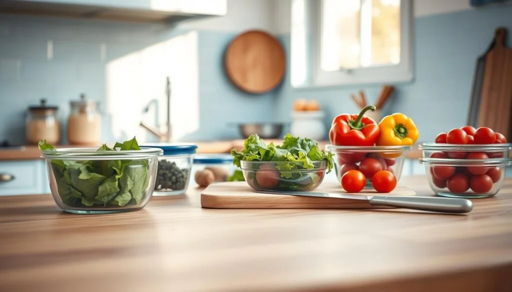 A cozy, minimalist kitchen bathed in warm, natural light captures the essence of meal prepping basics. On a wooden counter, an assortment of meal prep essentials comes into focus - glass containers, a cutting board, a sharp knife, and vibrant produce like leafy greens, bell peppers, and cherry tomatoes. The light blue backsplash and matching accents throughout the space create a calming, organized ambiance, inviting the viewer to immerse themselves in the process of thoughtful meal preparation. The absence of any distracting elements allows the core fundamentals of meal prepping to shine, inspiring the viewer to embrace a healthier, more intentional approach to their culinary journey.
