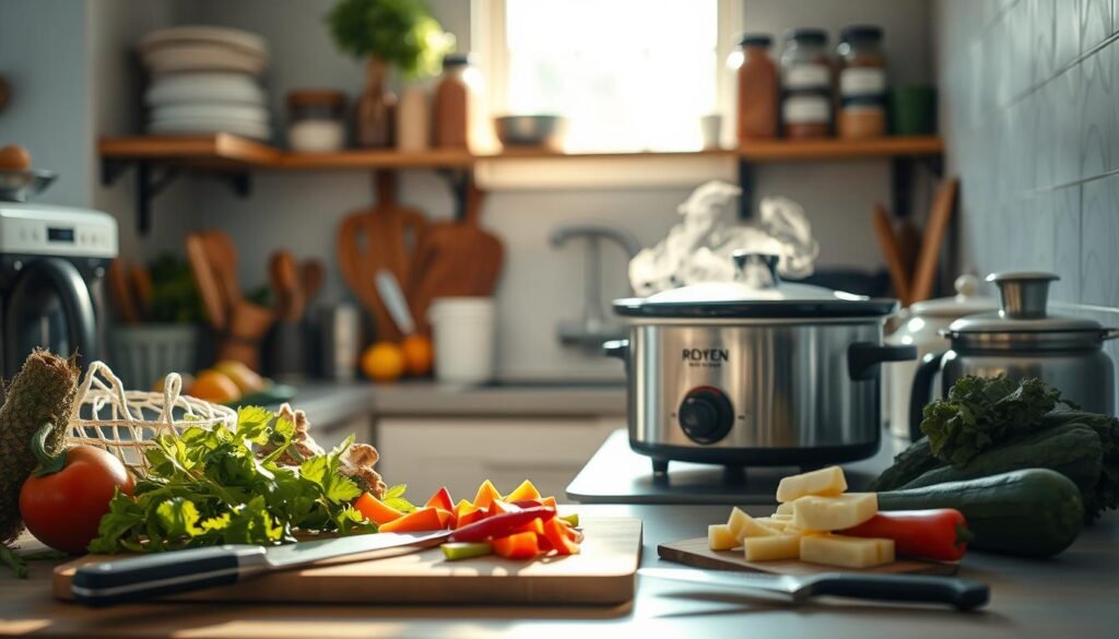 A cozy, minimalist kitchen bathed in warm, natural light. On the counter, an array of fresh produce, appliances, and cooking implements arranged with precision. In the foreground, a cutting board with neatly chopped vegetables, a sharp knife resting nearby. In the middle ground, a slow cooker simmering with a savory aroma, its steam gently rising. On the shelves, jars of spices and herbs, their labels facing outward. The atmosphere is one of focused efficiency, where time-saving techniques and batch preparation come together to create flavorful, nourishing meals.