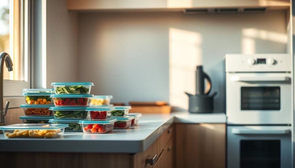 A cozy, minimalist kitchen bathed in warm, natural light. On the countertop, an assortment of neatly arranged meal containers, their vibrant contents visible through glass lids. Nearby, a modern, energy-efficient oven, its sleek lines and muted blue accents complementing the overall aesthetic. The scene conveys a sense of calm efficiency, with the promise of nutritious, home-cooked meals ready to be enjoyed.