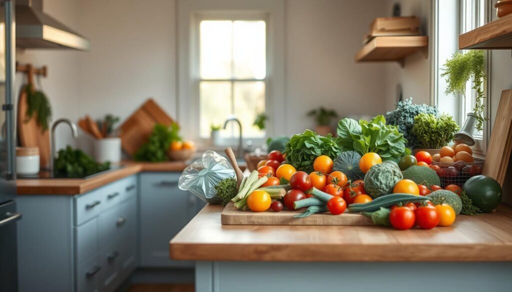 A cozy, minimalist kitchen bathed in warm, natural light. Wooden countertops and cabinetry, with light blue accents, showcasing an array of fresh, seasonal produce - crisp greens, vibrant tomatoes, juicy citrus, and more. Carefully arranged into a weekly meal plan, the ingredients speak to the beauty and versatility of cooking with local, in-season offerings. The scene evokes a sense of simplicity, nourishment, and a reverence for the land. A 50mm lens captures the scene, emphasizing the textures and colors in a soft, inviting manner.
