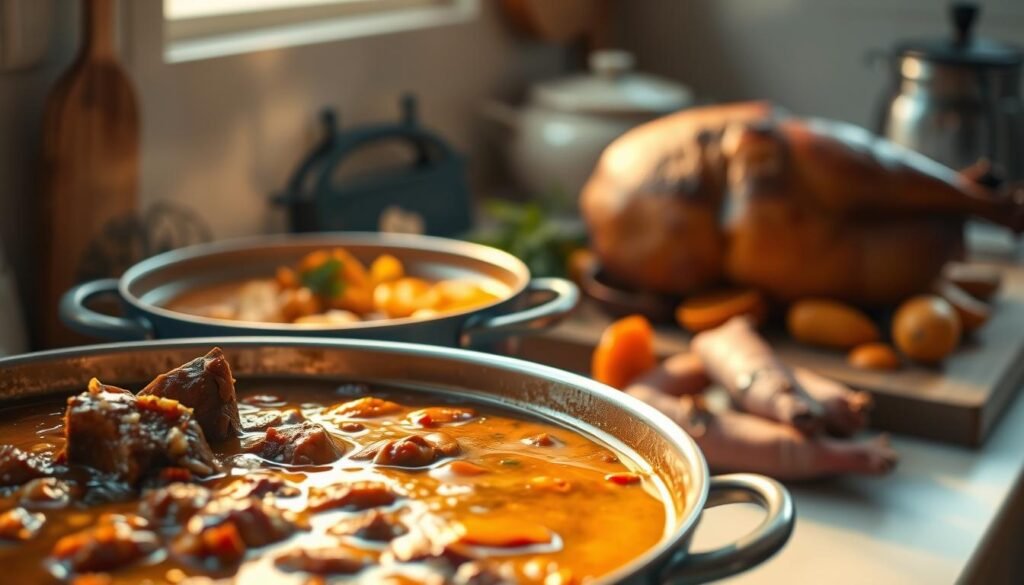 A cozy, minimalist kitchen bathed in warm, soft lighting casts a golden glow over a collection of slow-cooked, aromatic dishes. In the foreground, a hearty beef stew simmers away, its rich, velvety broth infused with a harmonious blend of herbs and spices. Beside it, a fragrant chicken curry bubbles gently, its vibrant hues complemented by the gentle blue accents of the kitchen. In the background, a tender pork shoulder roast sits atop a bed of roasted root vegetables, their caramelized edges gleaming under the subtle illumination. The overall scene exudes a sense of comforting simplicity, where the depth of flavor is achieved through the patient, artful interplay of a few well-chosen ingredients.