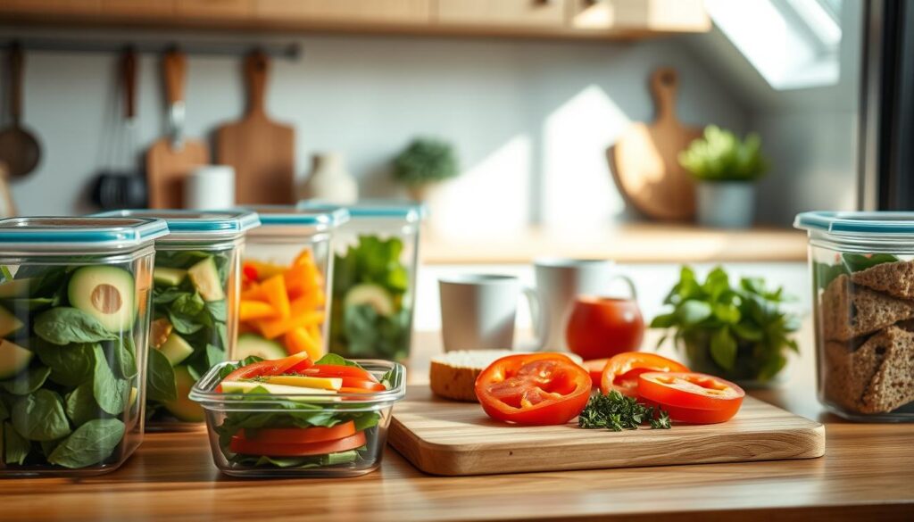 A cozy, minimalist kitchen environment with warm wooden textures and light blue accents. In the foreground, an array of customizable meal prep containers, each filled with a variety of fresh, colorful ingredients like avocado, bell peppers, spinach, and whole grain breads. In the middle ground, a cutting board with sliced vegetables and herbs, suggesting the flexibility of building your own personalized breakfast sandwiches. The background features simple utensils, a mug, and natural light streaming in, creating a serene, organized atmosphere to inspire efficient meal preparation.