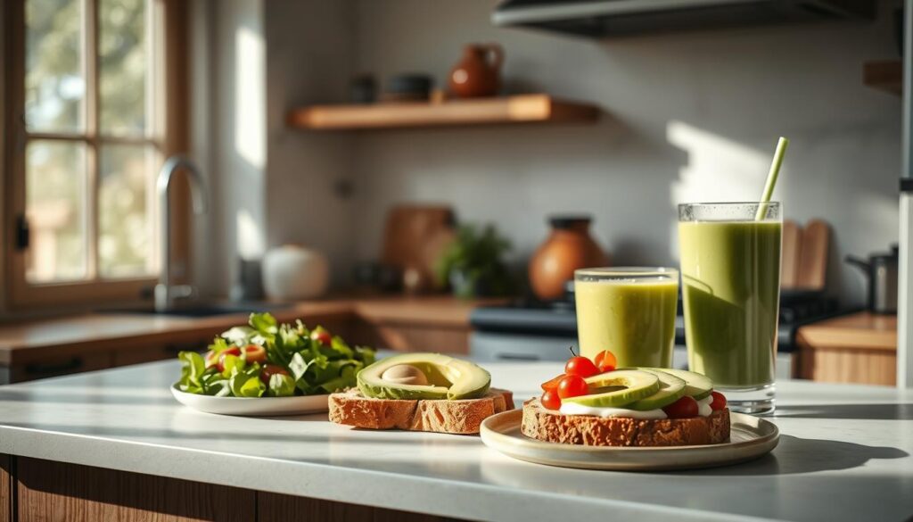 A cozy, minimalist kitchen filled with natural light and wooden textures. On the counter, an assortment of fresh avocado dishes, each bursting with vibrant colors and textures - a crisp avocado salad, creamy avocado toast, and a refreshing avocado smoothie. The scene is filled with a sense of simplicity and healthy indulgence, capturing the essence of "Fresh and Flavorful Avocado Lunch Recipes". The lighting is soft and diffused, casting gentle shadows that accentuate the natural forms of the avocado-based creations. The overall mood is one of clean, minimalist elegance, inviting the viewer to explore these delicious and visually appealing lunch options.