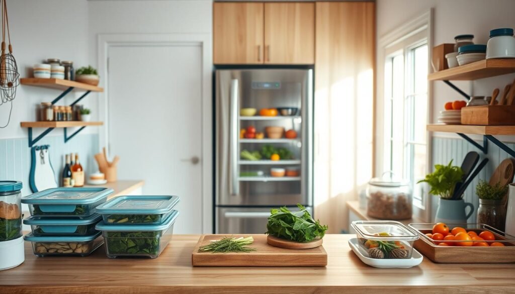A cozy, minimalist kitchen filled with natural wooden textures and light blue accents. Neatly organized meal prep containers line the countertops, ready for fresh ingredients. A gleaming stainless steel refrigerator stands in the background, its shelves stocked with vibrant vegetables and proteins. Soft, diffused lighting casts a warm glow, creating an atmosphere of efficiency and serenity. Carefully arranged spices, herbs, and cooking tools suggest a well-curated space, optimized for hassle-free meal preparation. The scene evokes a sense of order and anticipation, inviting the viewer to envision their own streamlined dinner routine.