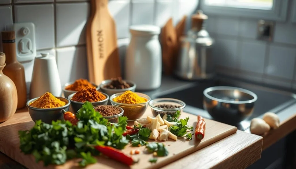 A cozy, minimalist kitchen filled with warm, wooden textures and light blue accents. Neatly arranged on the counter, a variety of Indian spice blends: turmeric, cumin, coriander, garam masala, and cardamom, each in small bowls. Beside them, a cutting board with freshly chopped cilantro, sliced ginger, and a few red chilies. The scene is bathed in soft, natural lighting, casting gentle shadows and highlighting the vibrant colors of the spices. A sense of culinary exploration and the promise of a delicious, aromatic Indian meal prep permeates the atmosphere.