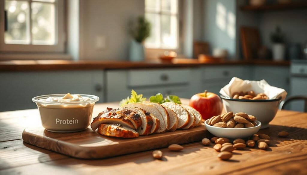A cozy, minimalist kitchen filled with wooden textures and light blue accents. On a rustic wooden table, an assortment of protein-rich lunch options: a container of creamy hummus, slices of savory roasted chicken, a crisp apple, and a handful of crunchy almonds. Sunlight streams in through the window, casting a warm glow over the scene. The arrangement conveys a sense of simplicity, nutrition, and energy for the day ahead.