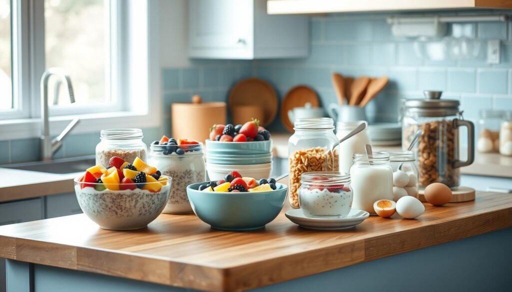 A cozy, minimalist kitchen in soft light captures a variety of healthy breakfast meal prep ideas. Atop a wooden island, vibrant bowls of overnight oats, chia puddings, and fresh fruit rest alongside glass jars filled with granola, yogurt, and hard-boiled eggs. The light blue accents of the backsplash and cookware lend a calming, refined atmosphere. Expertly framed by the window's natural light, the arrangement conveys a sense of wholesome, nourishing simplicity - a perfect start to the day.