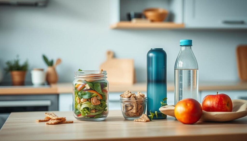 A cozy, minimalist kitchen in soft tones of light blue and natural wood. On the countertop, an assortment of no-heat lunch items arranged artfully: a colorful salad in a glass jar, a crisp apple, whole-grain crackers, and a reusable water bottle. Soft, diffused lighting highlights the simplicity and appeal of these cold, nourishing meal options. The scene conveys a sense of ease, health, and mindfulness - the perfect setting to showcase "no-heat lunch strategies" for temperature-maintained, on-the-go meals.