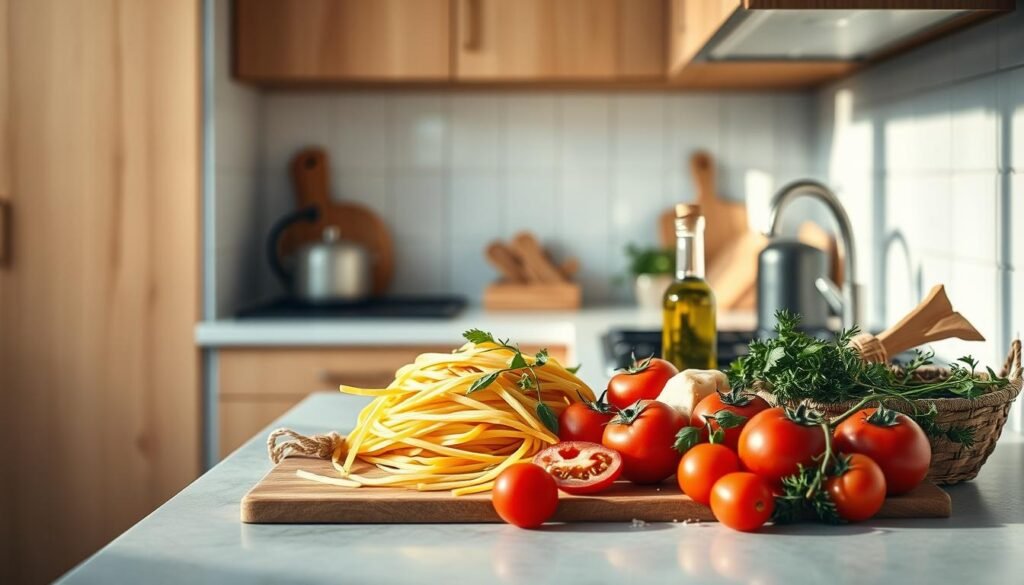 A cozy, minimalist kitchen in warm wooden tones, accented with light blue hues. On the countertop, an array of quick and easy Italian dinner components - fresh pasta, plump tomatoes, fragrant herbs, a drizzle of olive oil, and a sprinkle of Parmesan. The soft, natural lighting casts a gentle glow, creating an inviting atmosphere for preparing a delicious, wholesome meal. The scene exudes simplicity and effortless elegance, capturing the essence of quick, satisfying Italian cuisine.