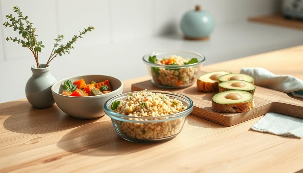 A cozy, minimalist kitchen interior with soft, natural lighting. On the wooden counter, an assortment of dairy-free lunch options: a hearty vegetable stew in a ceramic bowl, a refreshing quinoa salad in a glass container, and sliced avocado toast on a wooden board. Complementary light blue accents in the form of a small vase and a kitchen towel add a calming touch. The scene exudes a sense of simplicity and wellness, ideal for a dairy-free office meal prep.