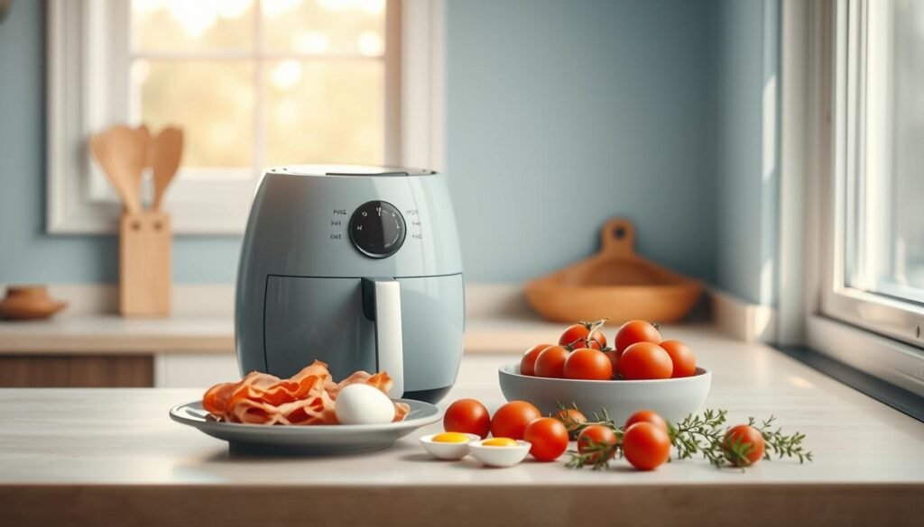 A cozy, minimalist kitchen scene with a light blue accent wall and wooden textures. On the countertop, a modern air fryer stands ready, surrounded by an assortment of fresh ingredients - crisp bacon, fluffy eggs, cherry tomatoes, and a few sprigs of aromatic herbs. Soft, natural lighting filters in through a nearby window, casting a warm glow over the scene. The overall atmosphere is one of simplicity and culinary inspiration, inviting the viewer to imagine the delicious, low-sugar breakfast recipes that could be prepared using the air fryer and these wholesome ingredients.
