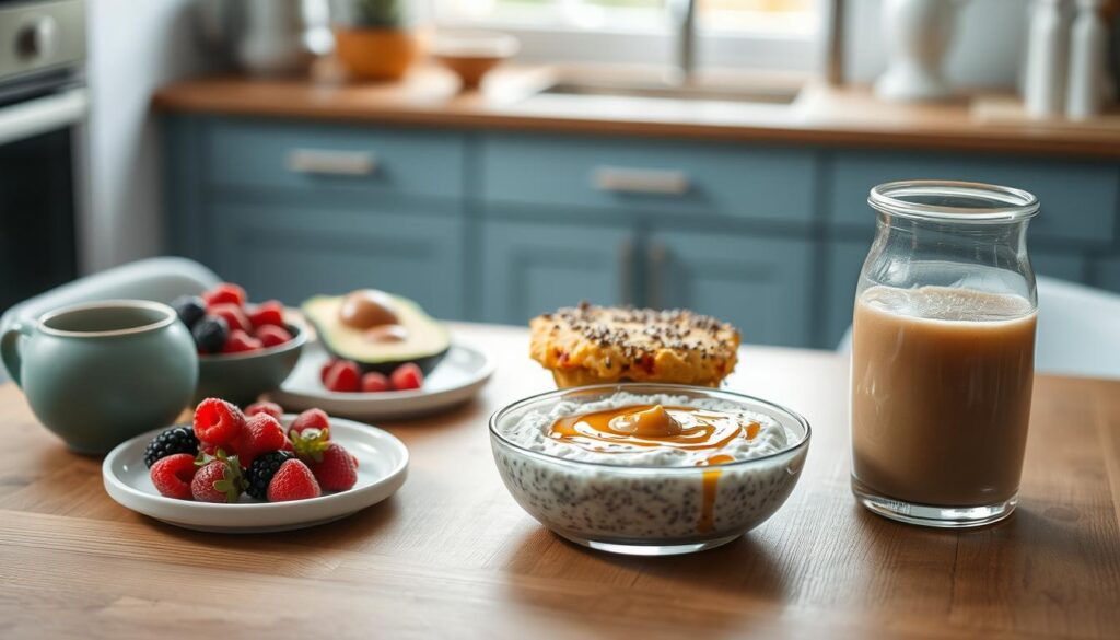 A cozy, minimalist kitchen scene with a wooden table and light blue accents. On the table, a variety of vegan breakfast options are artfully arranged - fresh berries, sliced avocado, a muffin-style tofu scramble, overnight oats layered with chia seeds and maple syrup, and a smoothie with a swirl of almond butter. The lighting is soft and natural, creating a warm, inviting atmosphere. The scene captures the essence of a quick, easy, and nutritious vegan breakfast that can be prepared using simple pantry staples.