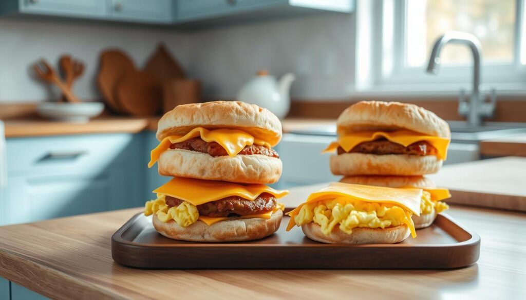 A cozy, minimalist kitchen scene with wooden countertops and light blue accents. On the counter, an arrangement of make-ahead breakfast sandwiches - fluffy scrambled eggs, savory breakfast sausage, and melted cheddar cheese, all nestled between freshly toasted English muffins. The sandwiches are carefully arranged, showcasing their delicious layers. Natural lighting from a nearby window casts a warm glow over the scene, emphasizing the texture and appetizing details of the food. The camera angle is slightly elevated, providing a clean, unobstructed view of the meticulously prepared make-ahead breakfast sandwiches.