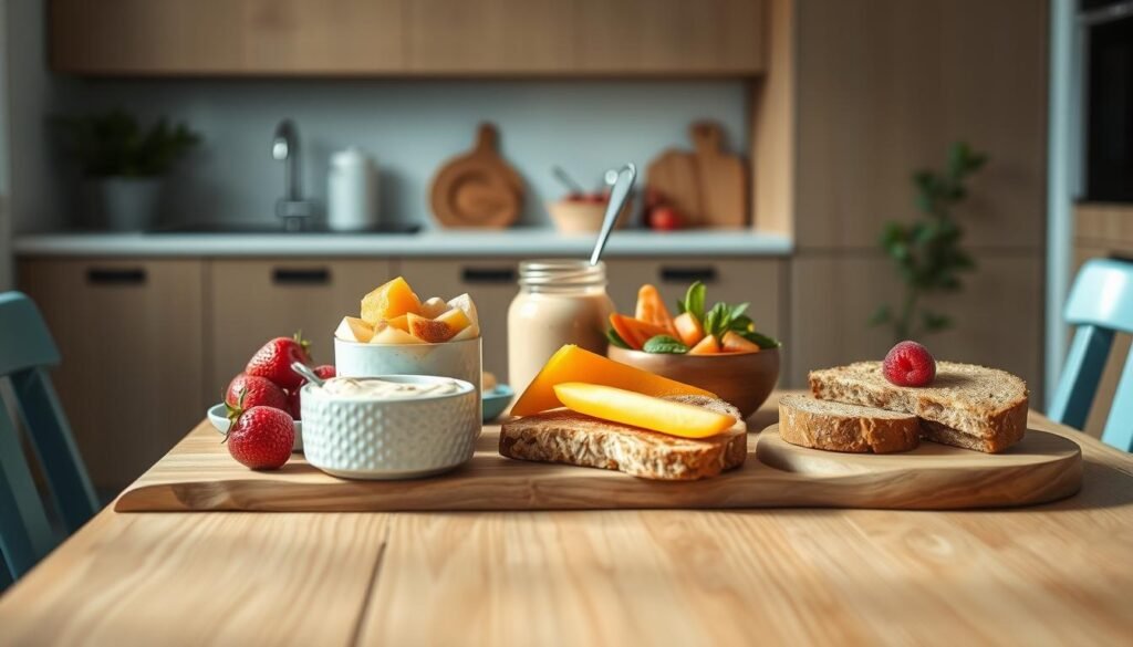 A cozy, minimalist kitchen scene with wooden textures and light blue accents. On a wooden table, an array of low-sugar breakfast items - fresh fruit, overnight oats, a smoothie bowl, and whole grain toast. Soft, natural lighting illuminates the scene, creating a warm and inviting atmosphere. In the background, a glimpse of a simple, functional kitchenette with clean lines and a touch of greenery. The focus is on the mouthwatering, nutritious breakfast spread, capturing the essence of the "Top Low Sugar Breakfast Recipes" section.
