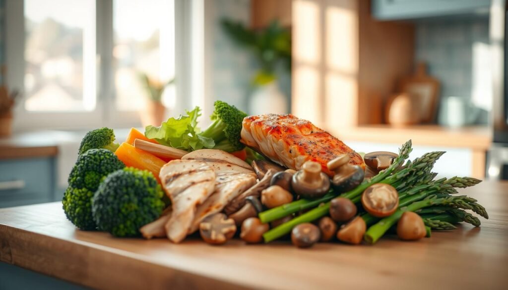 A cozy, minimalist kitchen sets the stage for a visually appealing arrangement of lean protein and vibrant vegetable combinations. A selection of grilled chicken, roasted salmon, and sautéed tofu sit alongside a colorful medley of crisp broccoli florets, tender asparagus spears, and earthy mushrooms. Gentle natural light filters through a window, casting a warm glow over the scene. The kitchen's wood tones and light blue accents create a soothing, inviting atmosphere, perfectly complementing the healthy, balanced meal. The various textures and colors come together in a visually striking display, inspiring a sense of nourishment and culinary delight.