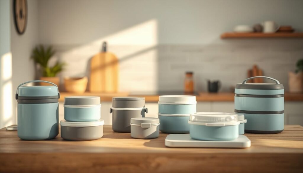 A cozy, minimalist kitchen setting with a soft, natural light illuminating a selection of insulated lunch containers in the foreground. On a wooden table, a variety of insulated lunch boxes and food storage solutions in shades of light blue and gray are artfully arranged, showcasing their sleek, modern designs. The middle ground features a simple backsplash with subtle textures, complementing the overall aesthetic. In the background, a hint of additional kitchen elements, such as shelves or appliances, adds depth and context to the scene, creating a harmonious and inviting atmosphere for meal preparation without refrigeration.