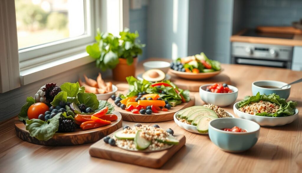 A cozy, minimalist kitchen setting with warm wooden textures and light blue accents showcases an artfully arranged spread of vibrant superfood lunch recipes. Fresh greens, colorful vegetables, and nutrient-dense superfoods like avocado, quinoa, and berries are elegantly presented on wooden boards and ceramic dishes. Soft, natural lighting illuminates the scene, creating a calming atmosphere that invites you to savor the healthy, nourishing meal. The scene captures the essence of boosting lunch nutrition with wholesome, flavorful superfoods.