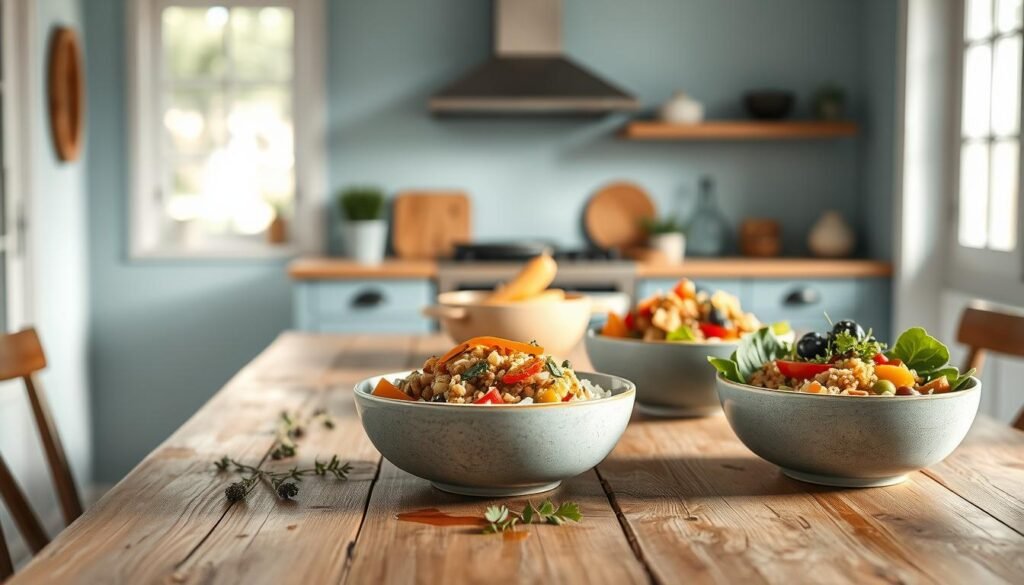 A cozy, minimalist kitchen setting with warm wooden textures and light blue accents showcases a delectable arrangement of grain bowls and salad inspirations. In the foreground, vibrant vegetables, grains, and proteins are artfully assembled in clean-lined ceramic bowls, inviting the viewer to savor the nourishing flavors. The middle ground features a rustic wooden table, its surface adorned with scattered herb sprigs and a drizzle of rich dressing. In the background, a large window floods the space with soft, natural light, creating a calming, serene atmosphere. The overall impression is one of simple, wholesome elegance - a visual invitation to explore the delightful possibilities of healthful, flavor-packed lunch meal prep.