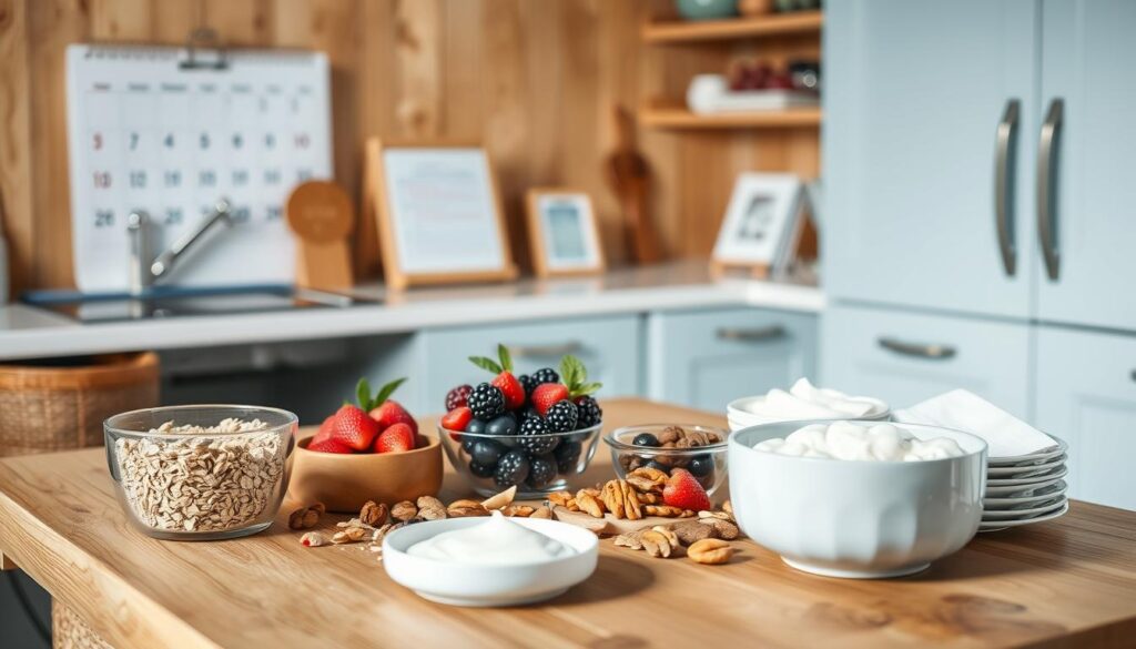 A cozy, minimalist kitchen setting with warm wooden textures and light blue accents. On a wooden table, a variety of fresh ingredients are neatly arranged, including oats, berries, nuts, and yogurt. In the background, a calendar, a planner, and neatly organized recipe cards suggest a well-thought-out meal planning strategy. The lighting is soft and diffused, creating a serene and inviting atmosphere. The scene captures the essence of 