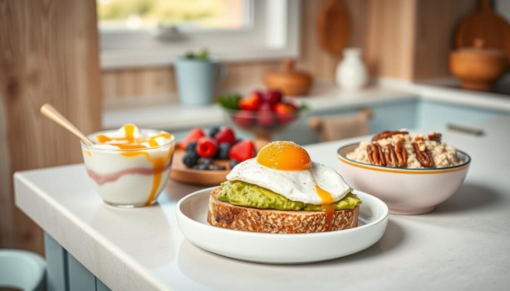 A cozy, minimalist kitchen setting with wooden textures and light blue accents. On a clean, white counter, an artful arrangement of various morning meal flavor combinations: thick, creamy yogurt topped with vibrant berries and a drizzle of honey; savory avocado toast with a poached egg and a sprinkle of flaky sea salt; fluffy oatmeal swirled with cinnamon and dotted with toasted pecans. The scene is bathed in soft, natural light, highlighting the textures and hues of the nourishing ingredients. No hand is visible, allowing the food to take center stage and inspire ideas for low-sugar, make-ahead breakfast options.