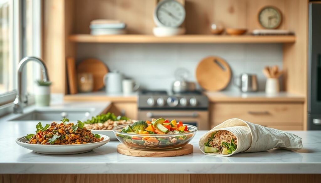 A cozy, minimalist kitchen setting with wooden textures, light blue accents, and no visible hands. On the counter, an assortment of dairy-free lunch options are neatly arranged, including a lentil and vegetable salad, a grain bowl with roasted vegetables, and a hearty quinoa and avocado wrap. The scene is bathed in warm, natural lighting, creating a welcoming and inviting atmosphere for a nutritious, dairy-free midday meal.