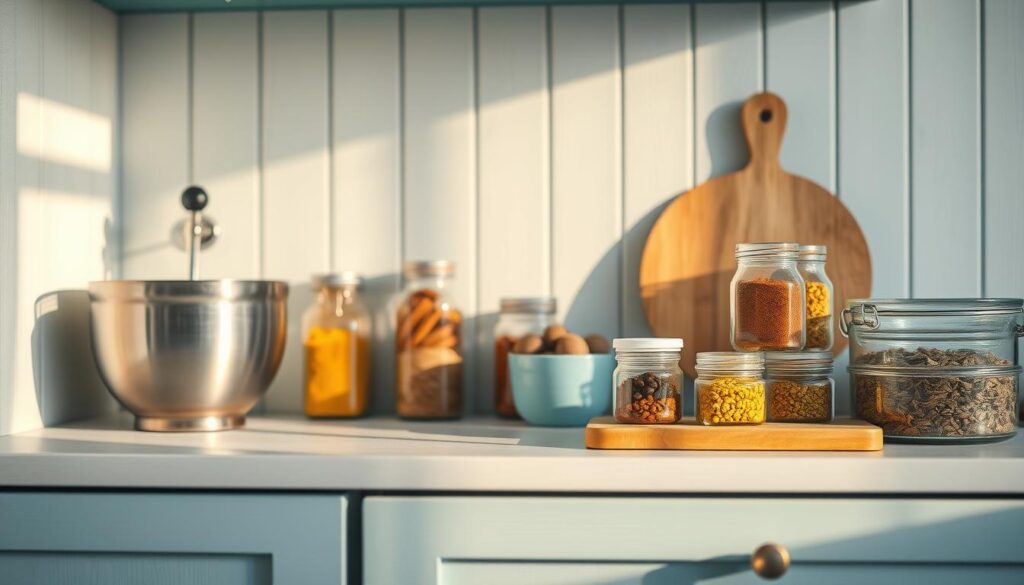 A cozy, minimalist kitchen setup with light blue accents and wooden textures. The counter is neatly organized with steel mixing bowls, glass jars filled with colorful Indian spices, a wooden cutting board, and a small stack of meal prep containers. Soft, natural lighting casts a warm glow, highlighting the textures and creating a serene, considerate atmosphere. The scene suggests a well-planned, efficient meal prep routine, ready to capture the aromatic flavors of homemade Indian cuisine.