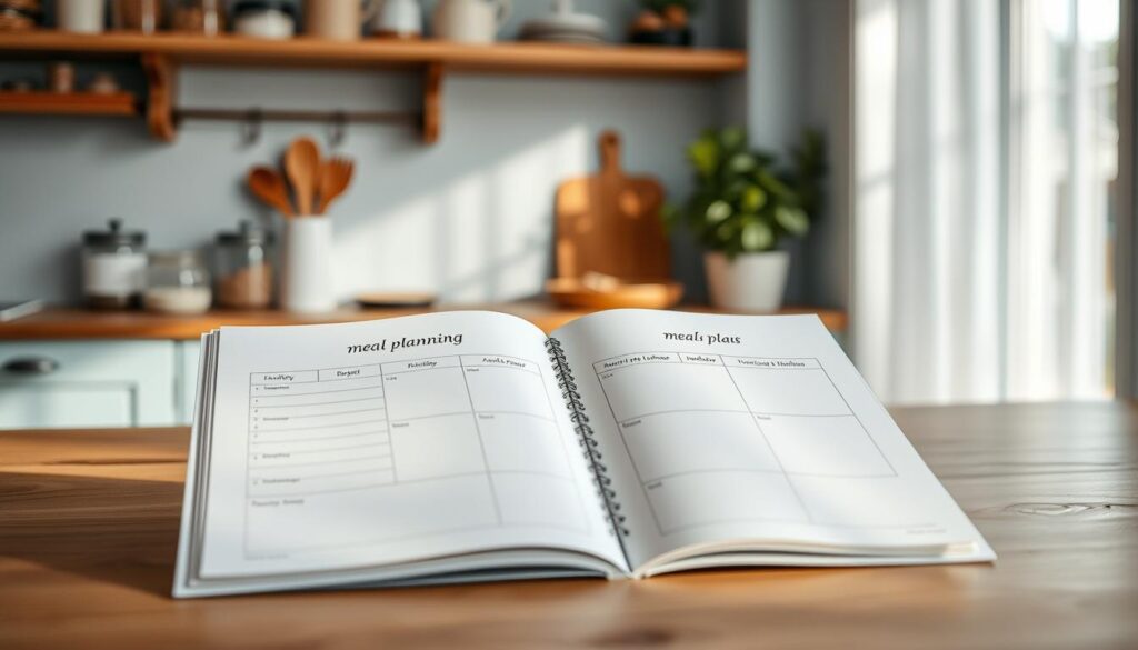A cozy, minimalist kitchen with a clean, light blue color palette and warm wooden accents sets the scene. In the foreground, a well-designed meal planning template lies open, its neatly organized sections and elegant typography inviting the viewer to plan their weekly meals with ease and inspiration. Soft, natural lighting cascades across the template, highlighting its thoughtful layout and design elements. In the background, subtle kitchen details like jars, utensils, and a potted plant subtly frame the composition, creating a welcoming, motivational atmosphere for the viewer's aesthetic meal prep journey.