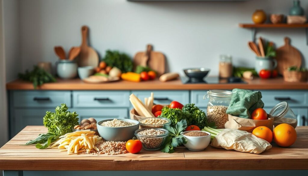 A cozy, minimalist kitchen with a rustic wooden countertop and light blue accents. On the counter, an array of healthy ingredients, including fresh vegetables, whole grains, and lean protein sources, are artfully arranged. The scene conveys a sense of culinary inspiration and the potential for creating nutritious, family-friendly meals. Soft, indirect lighting creates a warm, inviting atmosphere, highlighting the natural textures and colors of the ingredients. The composition emphasizes the simplicity and versatility of these 