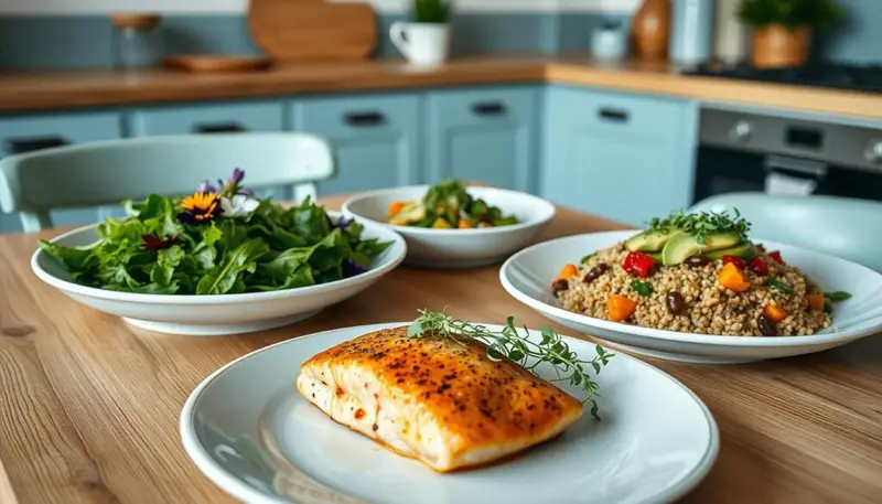 A cozy, minimalist kitchen with a wooden table and light blue accents serves as the backdrop for an aesthetically pleasing dinner meal. Carefully arranged on the table are a variety of visually striking dishes, including a perfectly plated salad with vibrant greens, delicate edible flowers, and a drizzle of balsamic glaze. Beside it, a hearty grain bowl features a colorful array of roasted vegetables, quinoa, and a creamy avocado dressing. In the foreground, a neatly stacked plate showcases a delicate, artfully presented main course, perhaps a delicate piece of fish or a succulent chicken dish, garnished with fresh herbs and a sprinkle of microgreens. The overall mood is one of understated elegance, highlighting the beauty and thoughtfulness of the meal preparation.