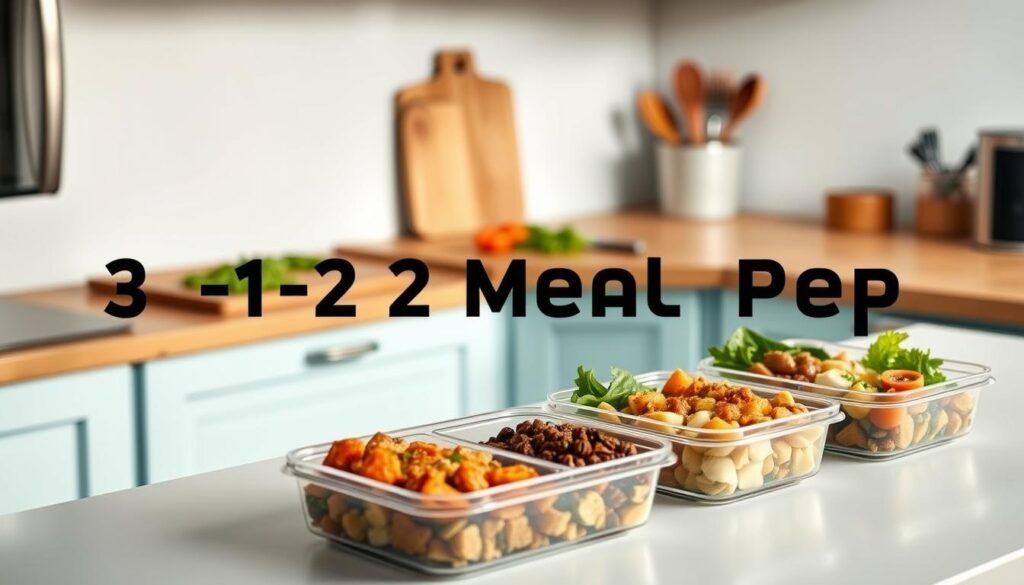A cozy, minimalist kitchen with light blue accents and natural wooden textures provides the backdrop for a 3 by 2 meal prep strategy. In the foreground, three neatly arranged meal containers showcase a variety of wholesome, home-cooked dishes, each portion carefully portioned and ready to be enjoyed throughout the week. The middle ground features two cutting boards, one with freshly chopped vegetables and the other displaying a set of cooking utensils, hinting at the preparation process. The background is softly lit, creating a warm and inviting atmosphere that encourages efficient, stress-free meal planning.