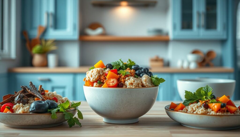 A cozy, minimalist kitchen with light blue accents and natural wooden textures serves as the backdrop for a set of balanced dairy-free bowls. In the foreground, a vibrant array of plant-based proteins, colorful vegetables, and hearty whole grains are artfully arranged to create a visually appealing and nutritionally complete meal. The middle ground features a sleek, modern ceramic bowl with a smooth, matte finish, perfectly complementing the clean, calming aesthetic. Soft, diffused lighting from above casts a warm glow, accentuating the textures and highlighting the flavors of the carefully curated ingredients. The overall scene conveys a sense of simplicity, balance, and mindfulness, inviting the viewer to savor a delicious and nourishing dairy-free meal.