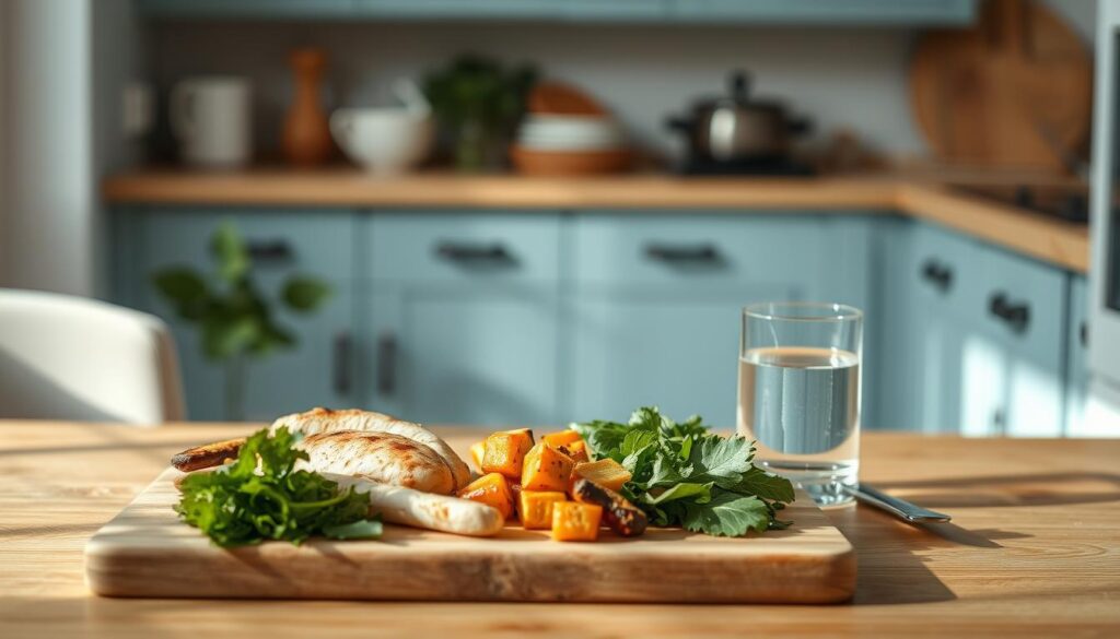 A cozy, minimalist kitchen with light blue accents and natural wooden textures. An assortment of low-carb meal prep options arranged neatly on a wooden cutting board - grilled chicken breasts, roasted vegetables, fresh greens, and a glass of water. Indirect, soft lighting illuminates the scene, casting gentle shadows and highlighting the vibrant colors of the healthy ingredients. The composition is balanced and inviting, capturing the essence of a nutritious, energy-sustaining lunch option for the busy office worker.