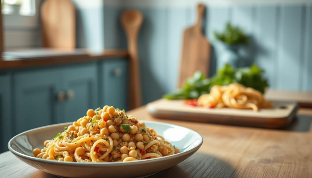 A cozy, minimalist kitchen with light blue accents and natural wooden textures. In the foreground, a plate showcases a vibrant mix of quinoa and chickpea pasta, artfully arranged with a subtle play of shadows and highlights. The middle ground features a cutting board with fresh herbs and a sprinkle of spices, creating a sense of culinary depth. The background fades into a softly diffused light, emphasizing the tranquil, nourishing atmosphere of this high-protein meal preparation.
