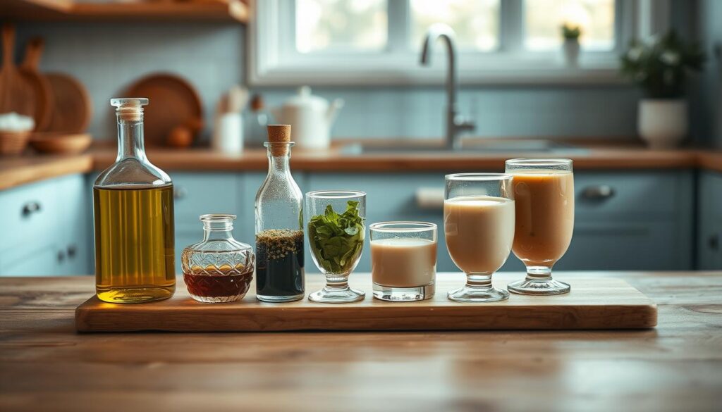 A cozy, minimalist kitchen with light blue accents and natural wooden textures. On a wooden table, a selection of creative sauces and dressings are artfully arranged, each with its own unique texture and color. Olive oil, balsamic vinegar, pesto, and a creamy tahini sauce are presented in elegant glass containers, their contents shimmering under soft, diffused lighting. The scene evokes a sense of culinary experimentation and enthusiasm for building flavorful, satisfying meals.
