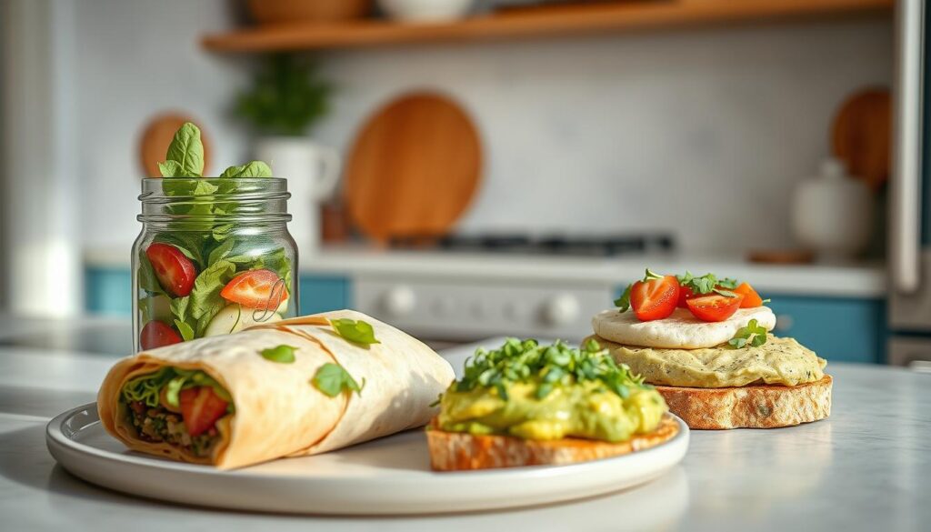 A cozy, minimalist kitchen with light blue accents and natural wooden textures. On the countertop, an assortment of quick and easy cold lunch ideas - a vibrant salad in a mason jar, a wrap with fresh greens and savory fillings, and a creamy avocado toast with a sprinkle of microgreens. The scene is bathed in soft, natural light, captured from an angle that highlights the simplicity and deliciousness of these nourishing meal options.